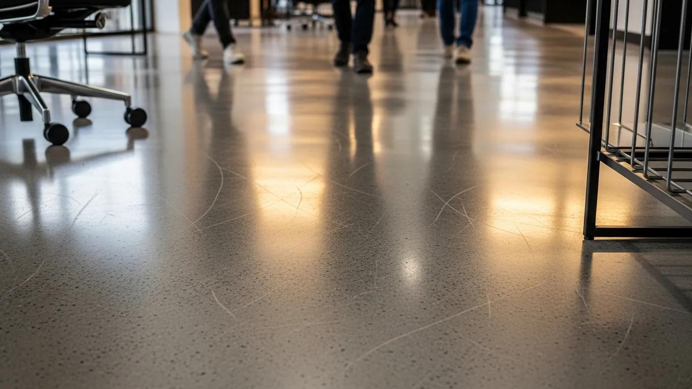 Close-up of polished concrete flooring in a busy commercial space showcasing durability