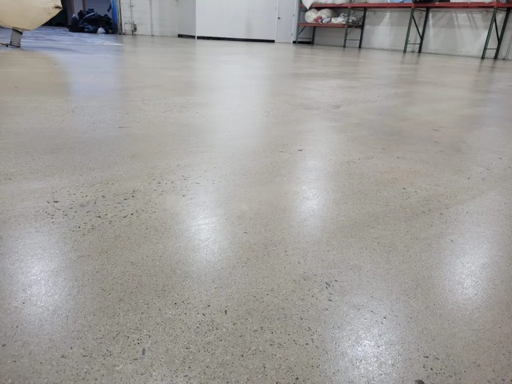 Smooth, reflective grey polished concrete floor in a commercial space.