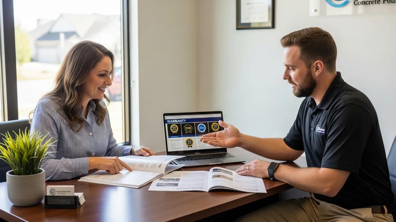 Homeowner discussing warranty options with concrete polishing expert, emphasizing peace of mind