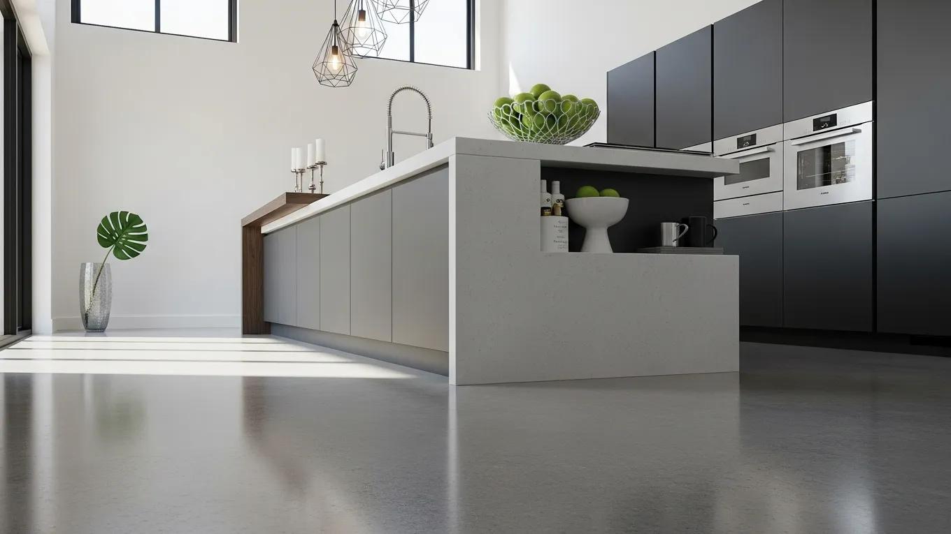 Polished concrete flooring in a modern kitchen highlighting aesthetic appeal and design
