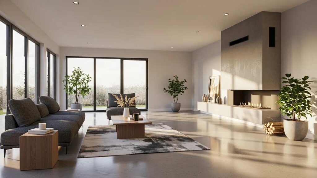 Polished concrete flooring in a modern living room with natural light and stylish decor