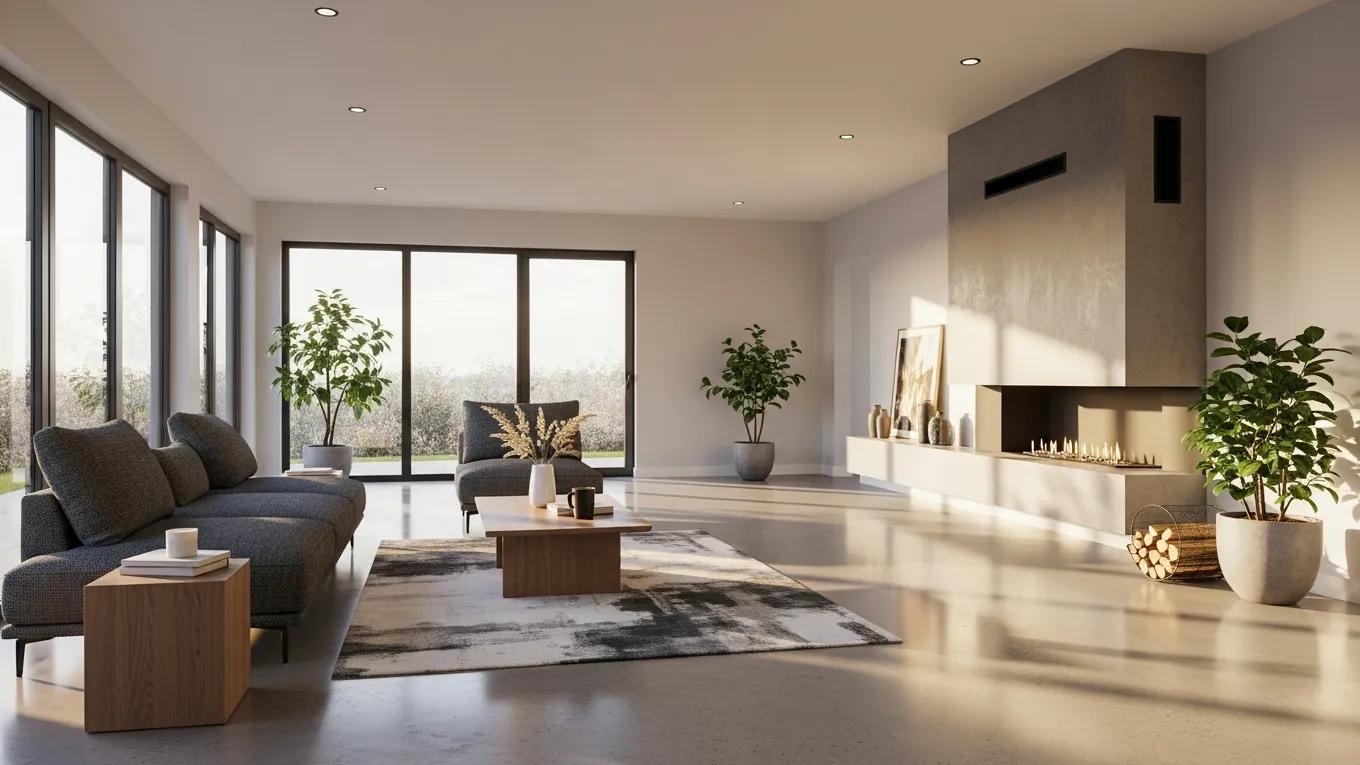 Polished concrete flooring in a modern living room with natural light and stylish decor