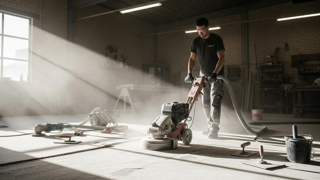 Worker preparing concrete surface with grinding tools for polishing