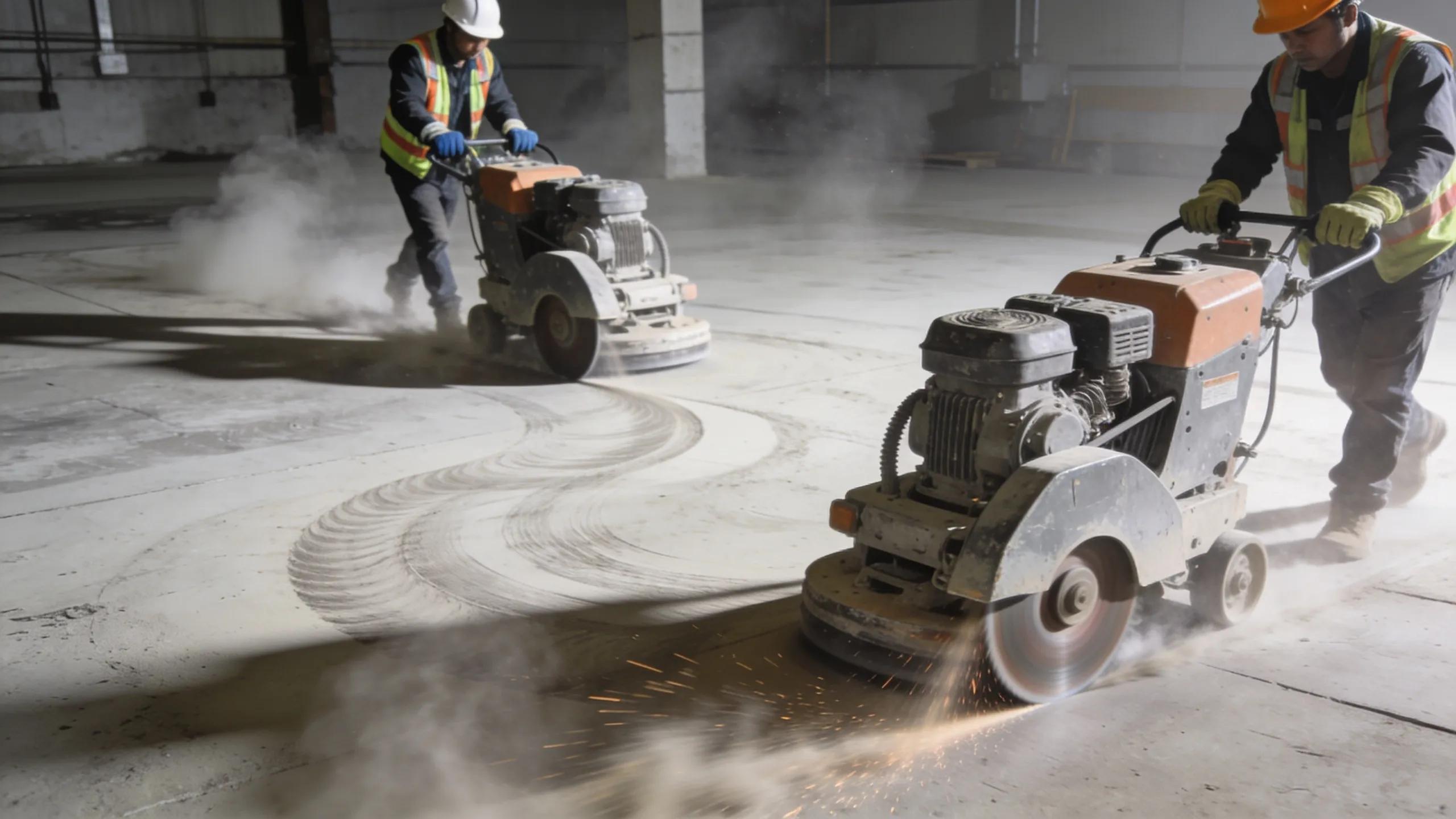 Workers preparing concrete floors with grinding machinery for effective surface treatment.