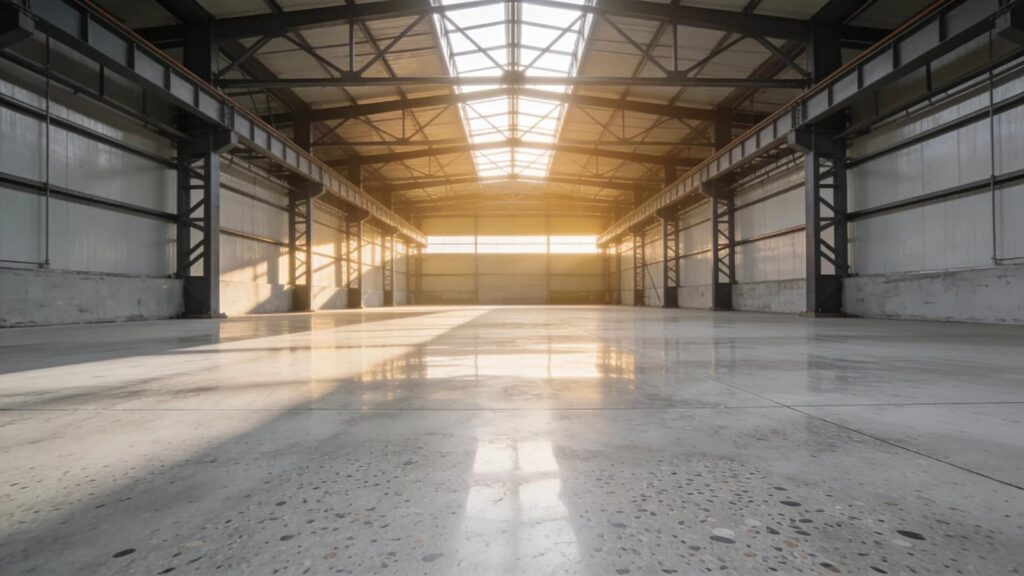 Polished concrete floors in a spacious industrial warehouse environment highlighting durability and aesthetics